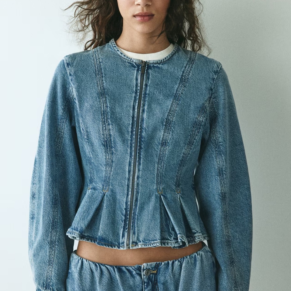 H&M Blue Denim Zip Peplum Jacket